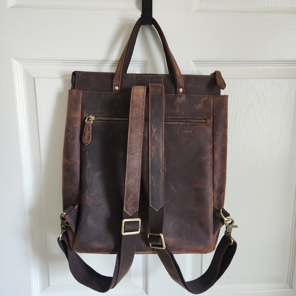 Leather Backpack Tote in Distressed Brown - Picture 2 of 16